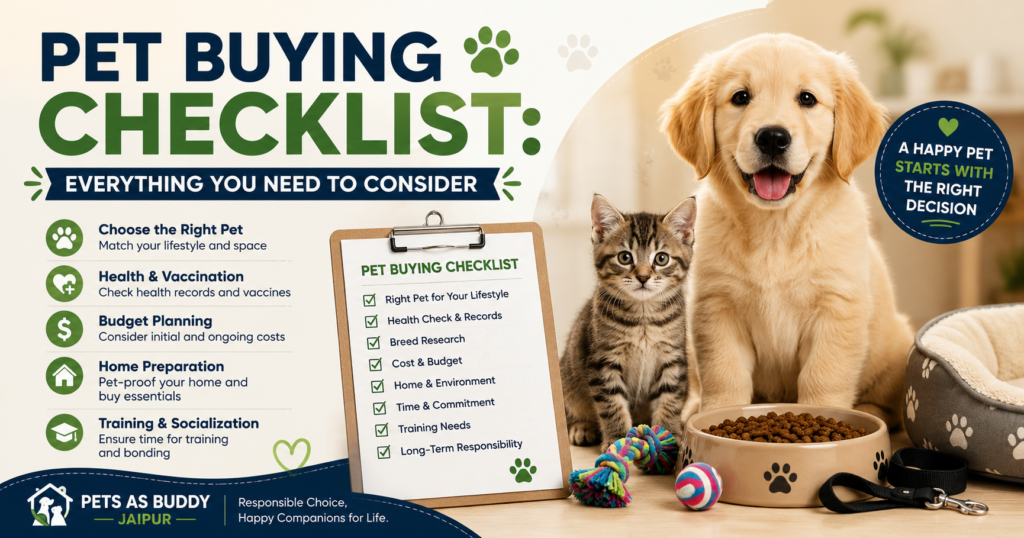 Golden Retriever puppy and kitten with a pet buying checklist highlighting budgeting, vaccinations, training, and home preparation before bringing home a new pet.