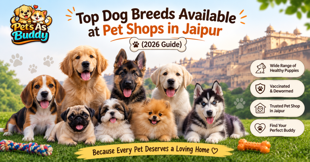 Top dog breeds available at pet shops in Jaipur including Golden Retriever, German Shepherd, Beagle, Husky and Pomeranian.Pets As Buddy logo.