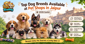 Top dog breeds available at pet shops in Jaipur including Golden Retriever, German Shepherd, Beagle, Husky and Pomeranian.Pets As Buddy logo.